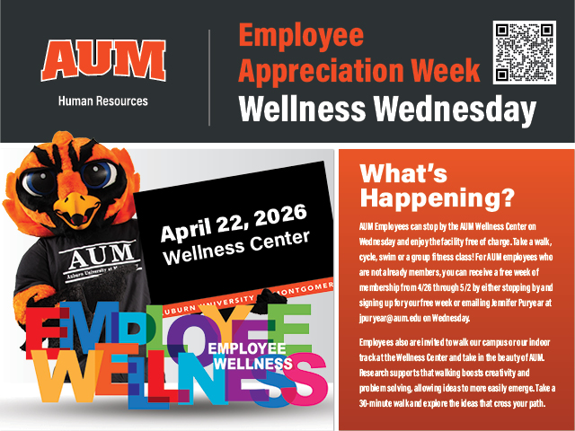 Auburn University at Montgomery Employee Appreciation Week Wellness Wednesday, April 22, 2026 at the Wellness Center.