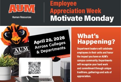 Auburn University at Montgomery Employee Appreciation Week Motivate Monday flyer with Warhawk mascot, April 20, 2026.