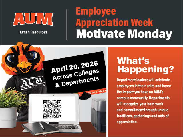 Auburn University at Montgomery Employee Appreciation Week Motivate Monday flyer with Warhawk mascot, April 20, 2026.