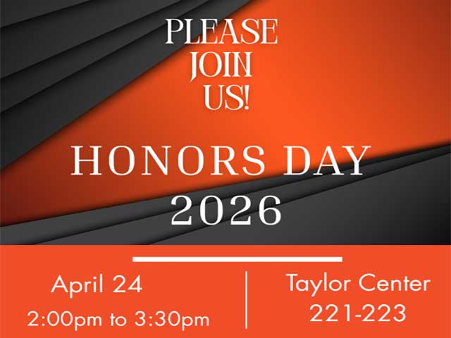 Auburn University at Montgomery Honors Day 2026, April 24, 2–3:30 p.m., Taylor Center 221–223.