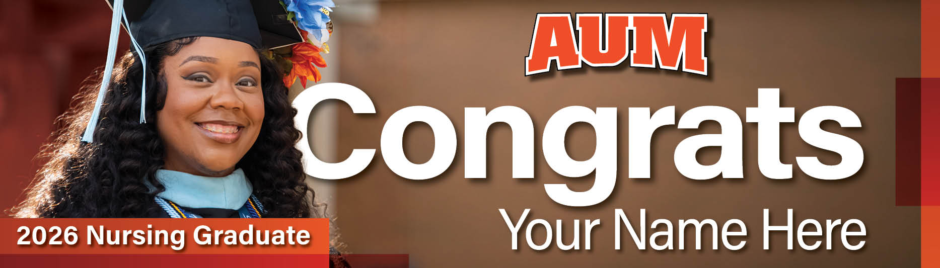 Auburn University at Montgomery congratulates a 2026 nursing graduate in cap and gown with decorated mortarboard.