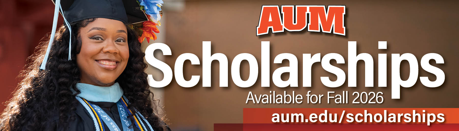 Auburn University at Montgomery scholarships for Fall 2026 - smiling graduate in cap and gown; apply at aum.edu/scholarships.