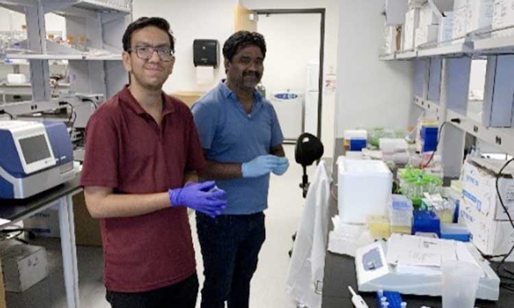 Two Auburn University at Montgomery researchers wearing gloves in a campus biology lab with equipment