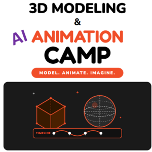 Auburn University at Montgomery 3D Modeling & AI Animation Camp promo: Model. Animate. Imagine. with cube, planet, timeline.
