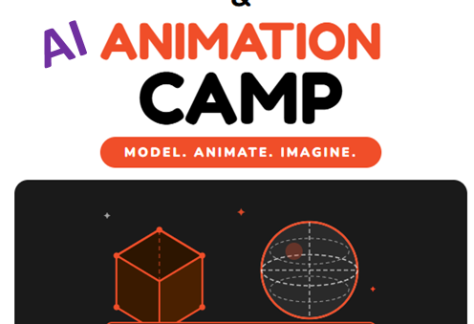 Auburn University at Montgomery 3D Modeling & AI Animation Camp promo: Model. Animate. Imagine. with cube, planet, timeline.