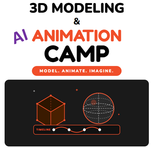 Auburn University at Montgomery 3D Modeling & AI Animation Camp promo: Model. Animate. Imagine. with cube, planet, timeline.