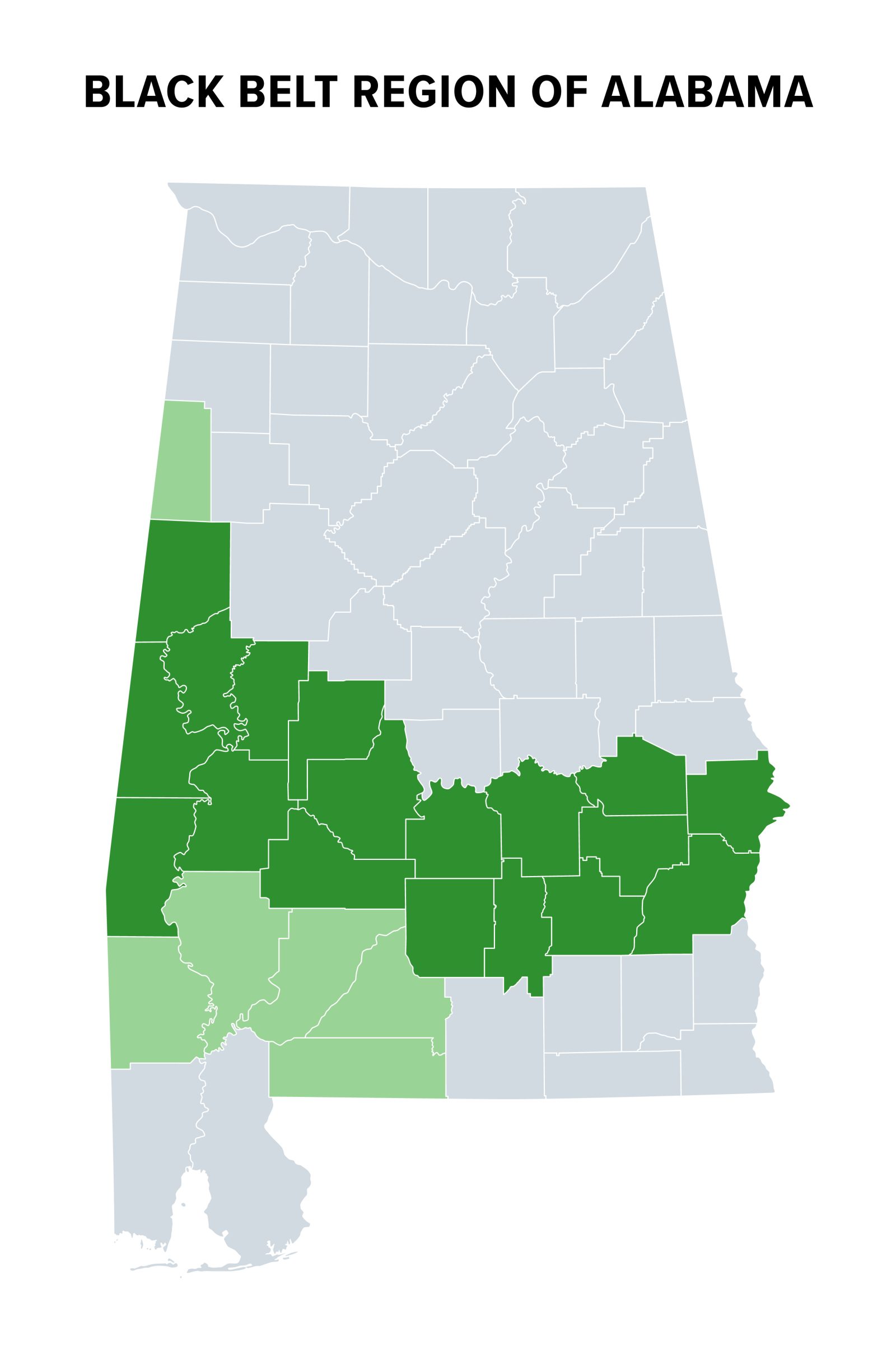 Map of Alabama highlighting Black Belt region counties, relevant to Auburn University at Montgomery outreach.