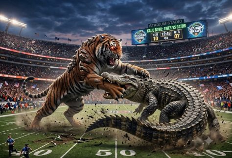 Auburn University at Montgomery Warhawks energy as a giant tiger clashes with a gator in a packed football stadium