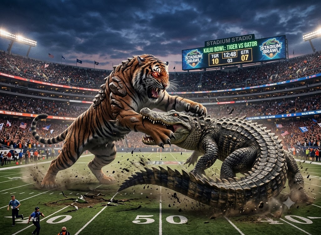 Auburn University at Montgomery Warhawks energy as a giant tiger clashes with a gator in a packed football stadium