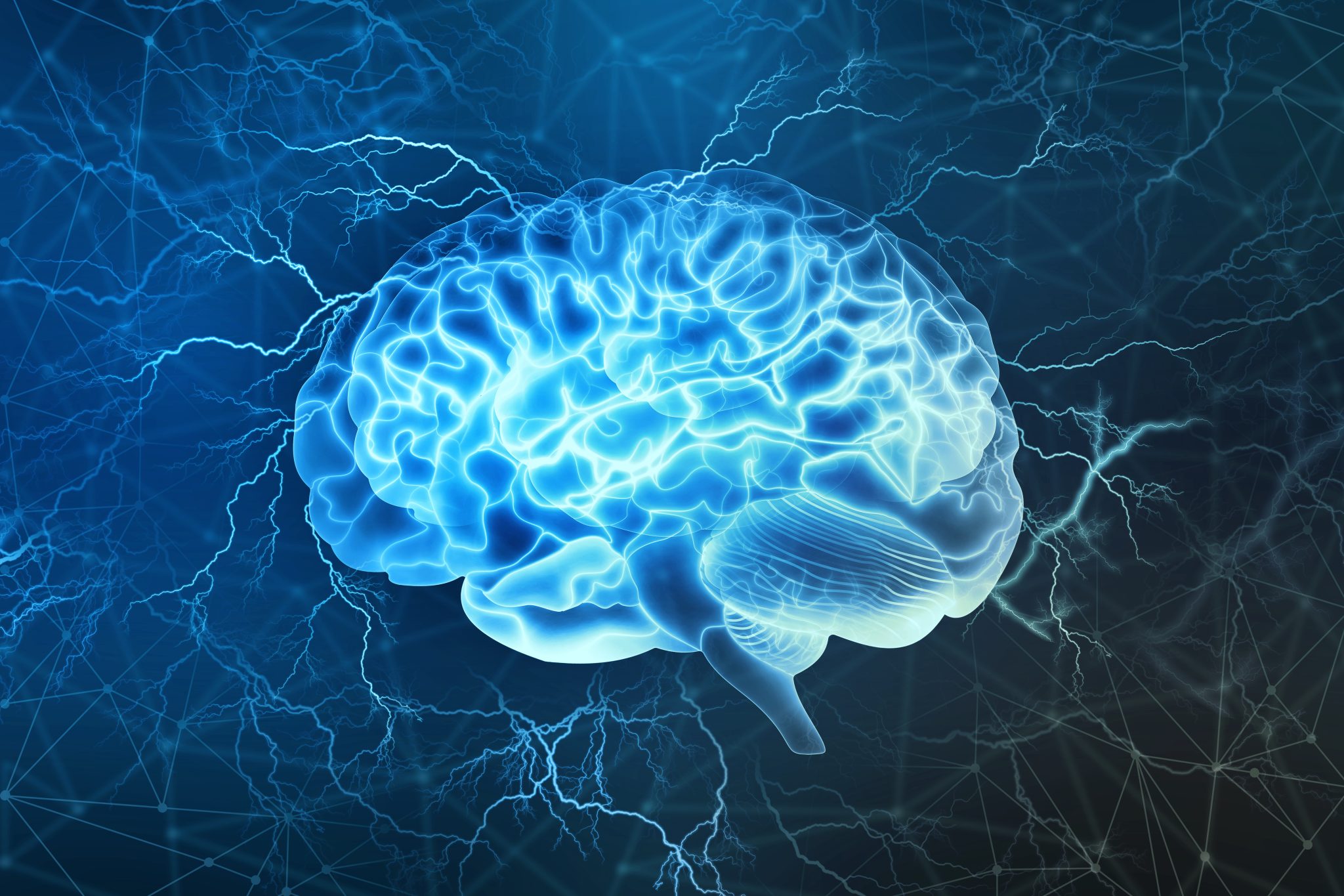 Auburn University at Montgomery neuroscience: glowing human brain with electric signals and neural network background