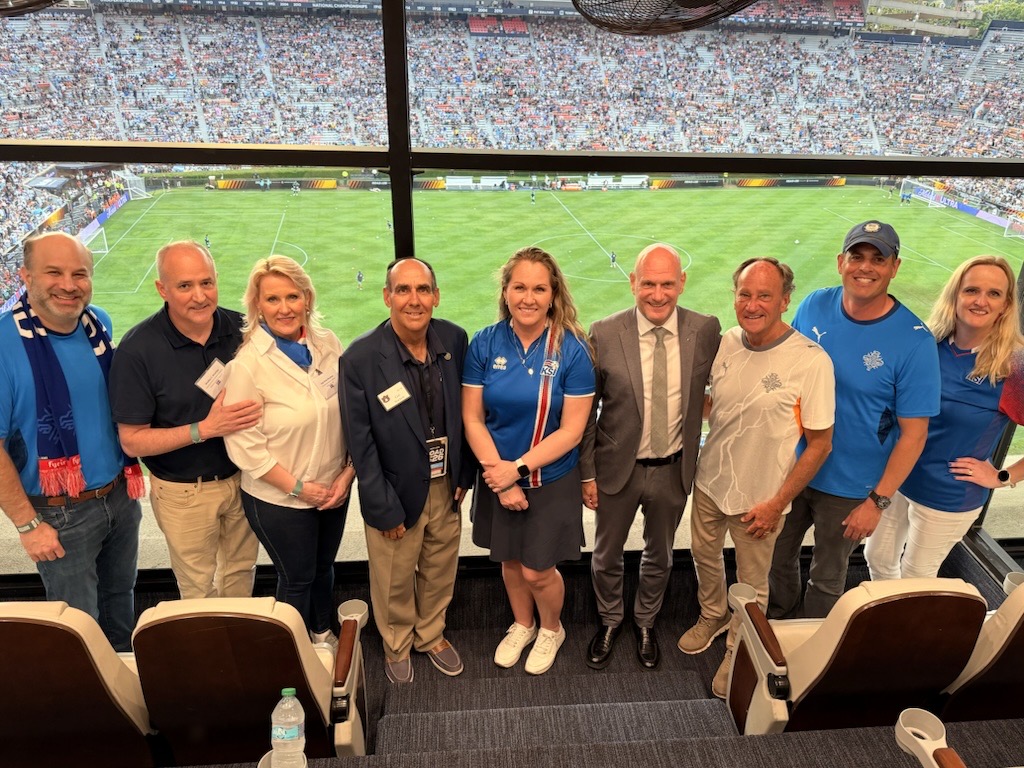 AUM Chancellor Carl A. Stockton (fourth from left) and Svanhildur Hólm Valsdóttir, Iceland's ambassador to the United States (center), join guests during the FIFA World Cup 26™ Road to 26 match between Argentina and Iceland at Jordan-Hare Stadium in Auburn.