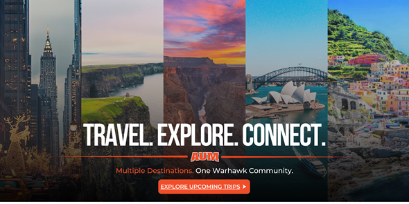 Auburn University at Montgomery alumni travel: global destinations montage—New York, Grand Canyon, Sydney, Italy.