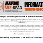 Auburn University at Montgomery BRE-SPAD info session flyer: biomedical research, Wed Aug 26, 11 AM & 1 PM, Goodwyn 112