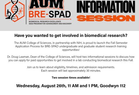 Auburn University at Montgomery BRE-SPAD info session flyer: biomedical research, Wed Aug 26, 11 AM & 1 PM, Goodwyn 112