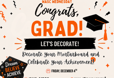 Auburn University at Montgomery WASC Wednesday: Congrats, Grad! Mortarboard decorating event, Dec 4, WASC, Library 2nd floor.