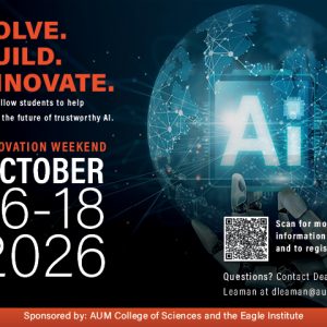 Auburn University at Montgomery Innovation Weekend Oct 16–18, 2026—AI: Solve, Build, Innovate. QR code to register.