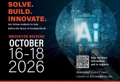 Auburn University at Montgomery Innovation Weekend Oct 16–18, 2026—AI: Solve, Build, Innovate. QR code to register.