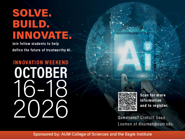 Auburn University at Montgomery Innovation Weekend Oct 16–18, 2026—AI: Solve, Build, Innovate. QR code to register.