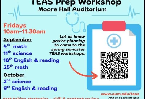 Auburn University at Montgomery TEAS Prep Workshop at Moore Hall Auditorium, Fridays 10–11:30am, Sept–Oct; QR code.