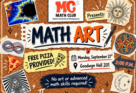 Auburn University at Montgomery Math Club Math Art flyer with fractals: free pizza, Mon Sept 21, 2pm, Goodwyn Hall 201.