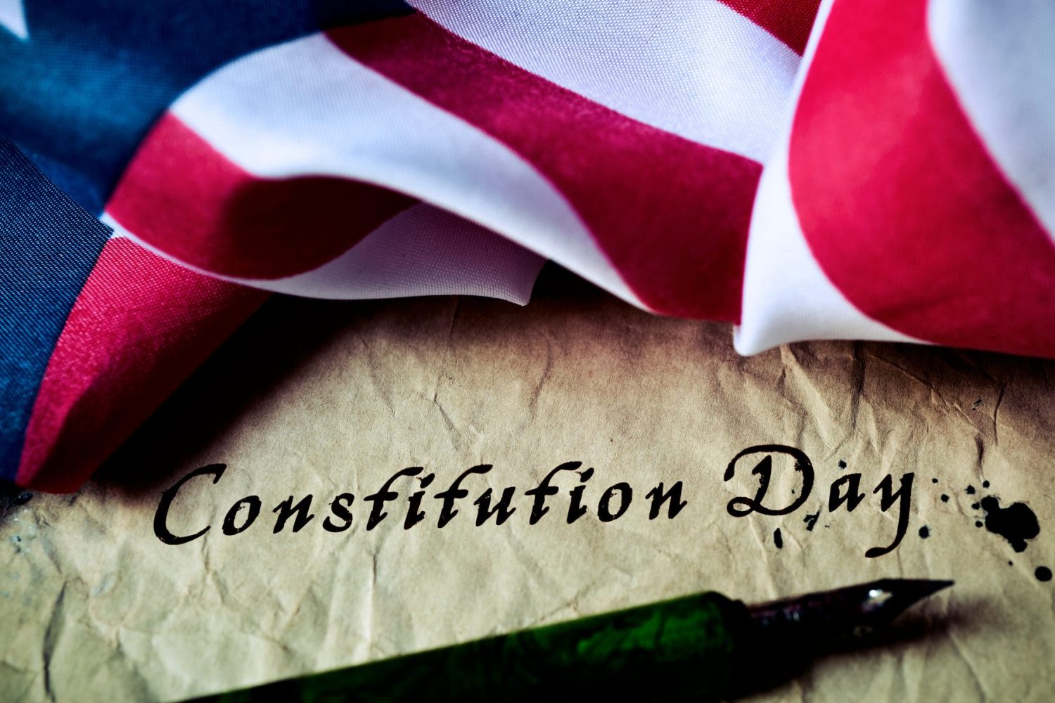Auburn University At Montgomery Constitution Day Banner With U.S. Flag, Parchment, And Fountain Pen.