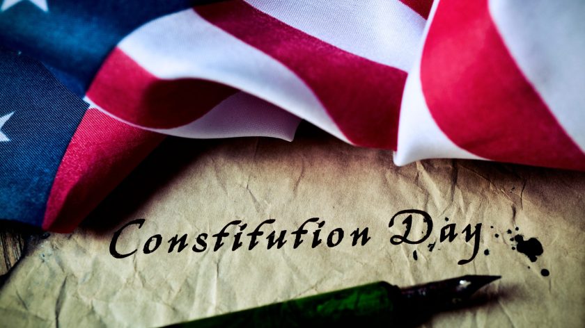 Auburn University At Montgomery Constitution Day Banner With U.S. Flag, Parchment, And Fountain Pen.