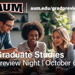 Auburn University at Montgomery Graduate Studies Preview Night promo: students collaborating around a laptop; Oct 6