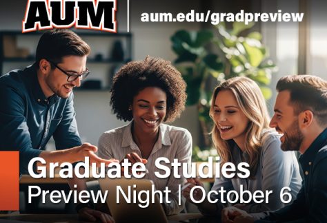 Auburn University at Montgomery Graduate Studies Preview Night promo: students collaborating around a laptop; Oct 6