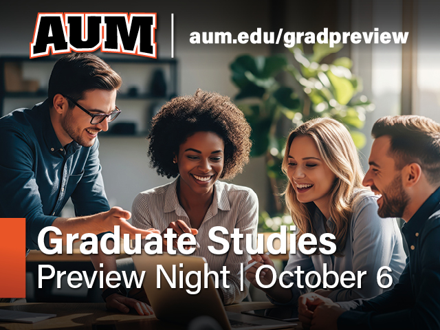 Auburn University at Montgomery Graduate Studies Preview Night promo: students collaborating around a laptop; Oct 6