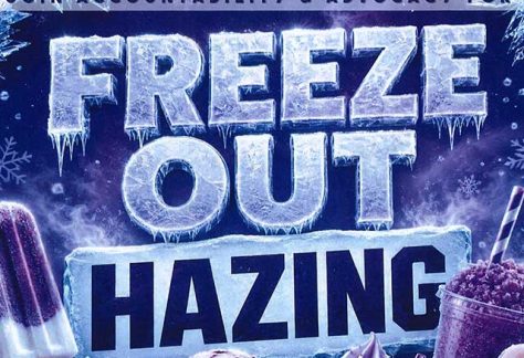 Auburn University at Montgomery Freeze Out Hazing event poster with icy text and frozen treats, promoting accountability.