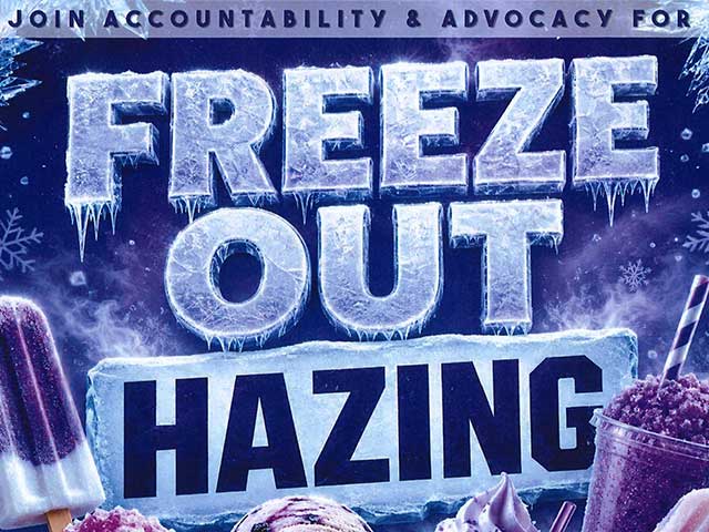Auburn University at Montgomery Freeze Out Hazing event poster with icy text and frozen treats, promoting accountability.