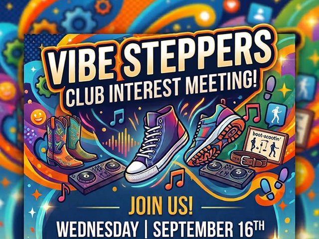Auburn University at Montgomery Vibe Steppers Club interest meeting poster with dance shoes, decks, Sept. 16
