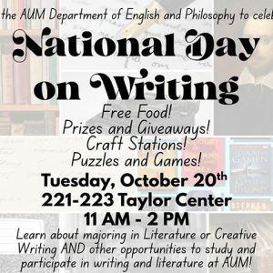 Auburn University at Montgomery National Day on Writing flyer: Oct 20, 11 AM–2 PM, Taylor Center 221–223; free food, prizes.