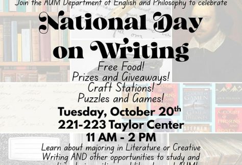 Auburn University at Montgomery National Day on Writing flyer: Oct 20, 11 AM–2 PM, Taylor Center 221–223; free food, prizes.