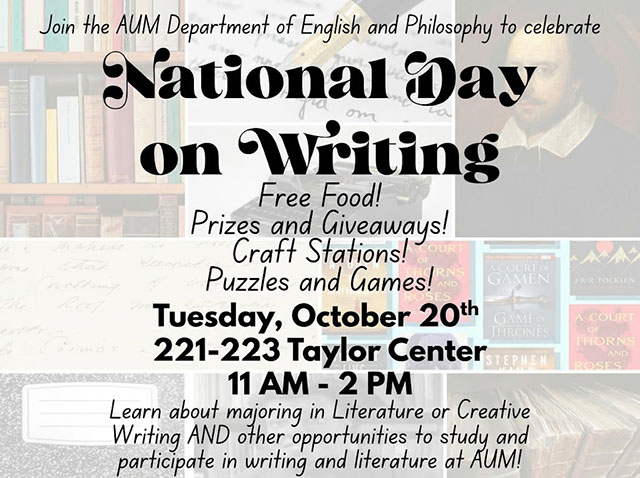 Auburn University at Montgomery National Day on Writing flyer: Oct 20, 11 AM–2 PM, Taylor Center 221–223; free food, prizes.