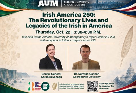 Auburn University at Montgomery event poster: Irish America 250 talk, Oct. 22, 3:30–4:30 PM, Taylor Center; two speakers shown