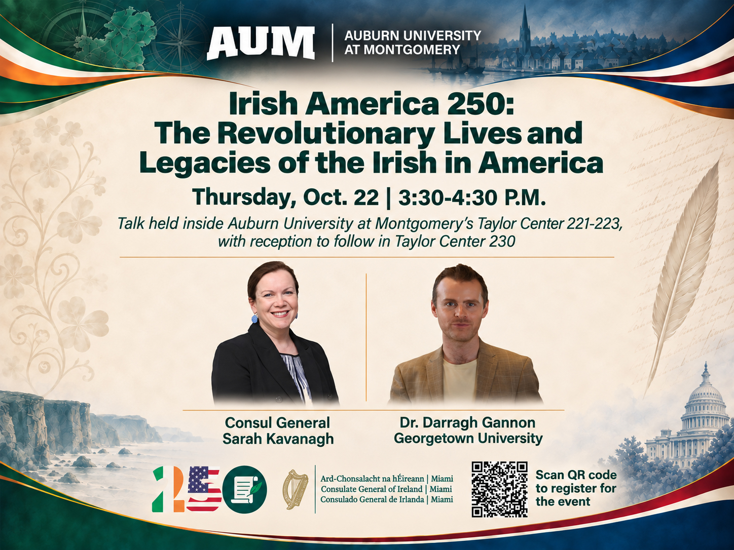 Auburn University at Montgomery event poster: Irish America 250 talk, Oct. 22, 3:30–4:30 PM, Taylor Center; two speakers shown