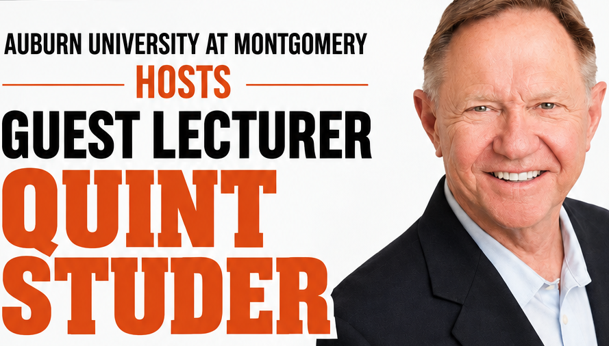 Auburn University at Montgomery hosts guest lecturer; a smiling man in a suit promotes AUM campus speaker event