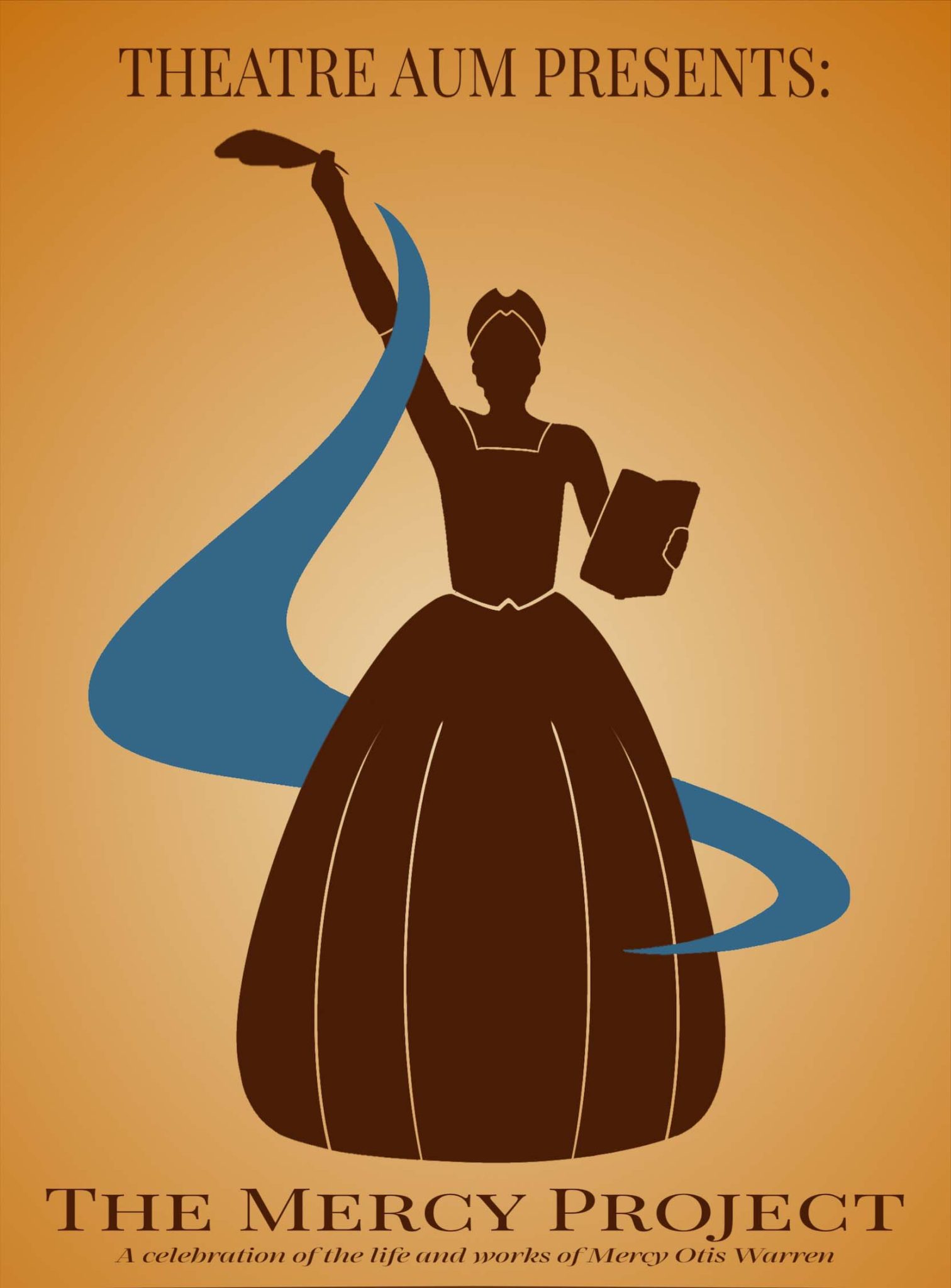 Theatre AUM poster for The Mercy Project at Auburn University at Montgomery, featuring a woman silhouette with quill and book