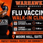 Auburn University at Montgomery flu vaccine walk-in clinic, Moore Hall 102, Sept 16–17, 2026, 11am–1pm, AUM Warhawk