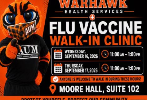 Auburn University at Montgomery flu vaccine walk-in clinic, Moore Hall 102, Sept 16–17, 2026, 11am–1pm, AUM Warhawk