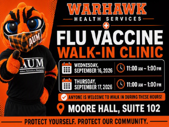 Auburn University at Montgomery flu vaccine walk-in clinic, Moore Hall 102, Sept 16–17, 2026, 11am–1pm, AUM Warhawk