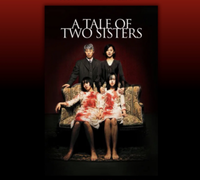 A Tale of Two Sisters poster for Auburn University at Montgomery event—two bloodied sisters on couch, two adults behind
