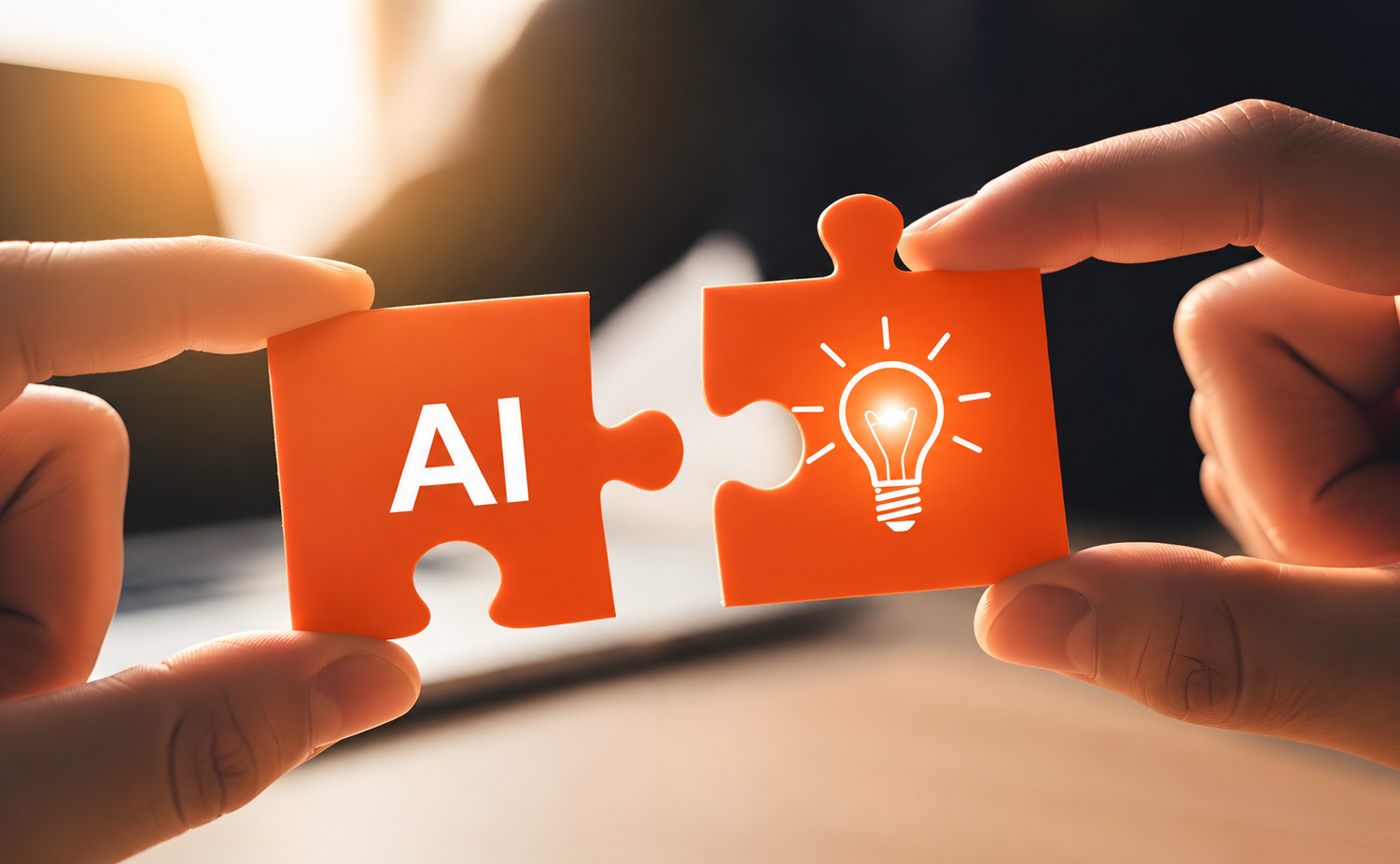 Auburn University At Montgomery Connects AI And Innovation: Hands Join Orange Puzzle Pieces, AI And Lightbulb