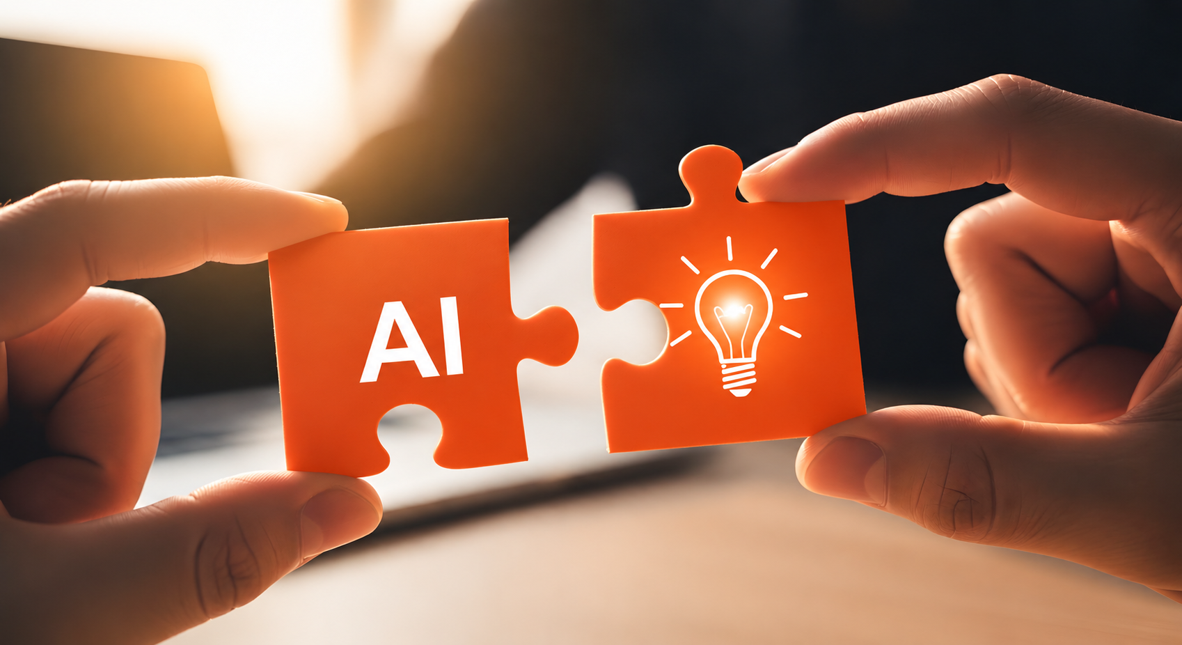 Auburn University at Montgomery connects AI and innovation: hands join orange puzzle pieces, AI and lightbulb