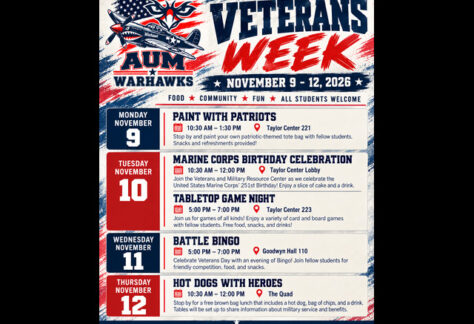 Auburn University at Montgomery Veterans Week flyer, Nov 9–12, 2026, AUM Warhawks events for students, food and community.