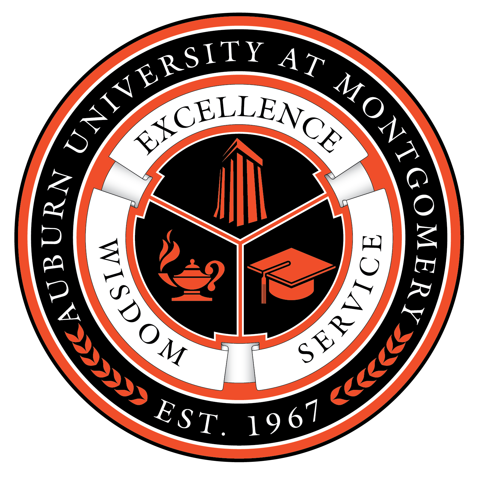 Auburn University at Montgomery seal featuring tower, lamp, and graduation cap with Excellence, Wisdom, Service, Est. 1967