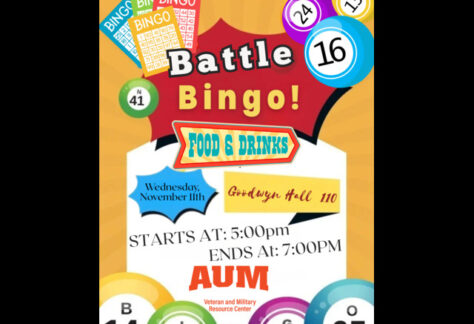 Auburn University at Montgomery (AUM) Battle Bingo: food & drinks, Wed Nov 11, 5–7pm, Goodwyn Hall 110