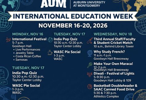 Auburn University at Montgomery International Education Week poster, Nov 16–20, 2026; events include Diwali, cricket, quizzes