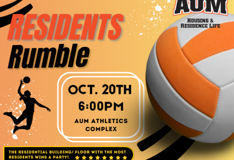 Auburn University at Montgomery Residents Rumble volleyball, Oct. 20, 6 PM at AUM Athletics Complex, Housing & Residence Life
